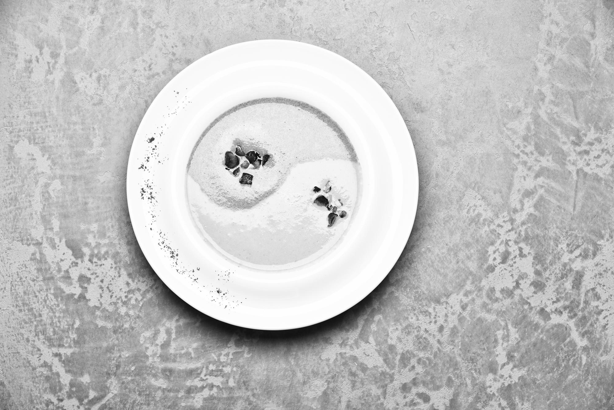 Finished dish on monochrome plate in soft lighting