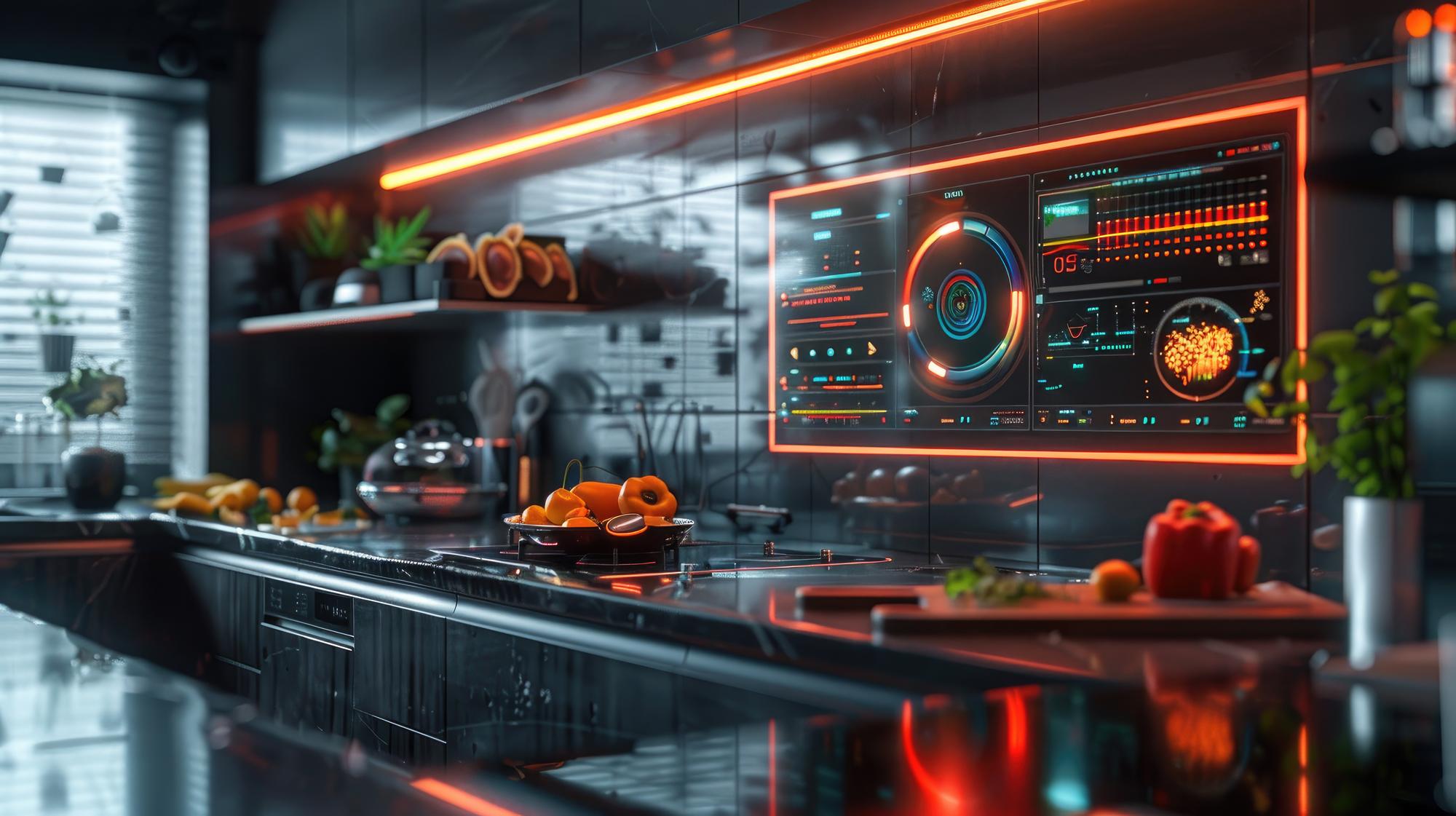 High-tech kitchen workstation with screens and cooking setup